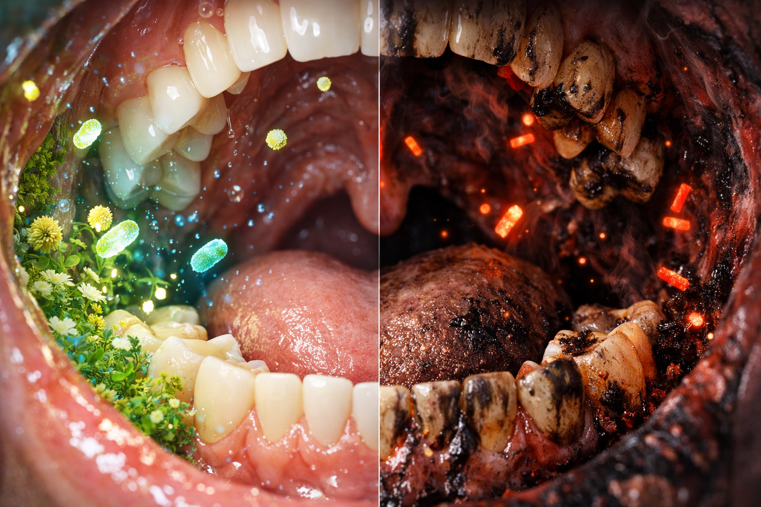 Comparison between healthy pink gums and bleeding inflamed gums showing oral microbiome imbalance